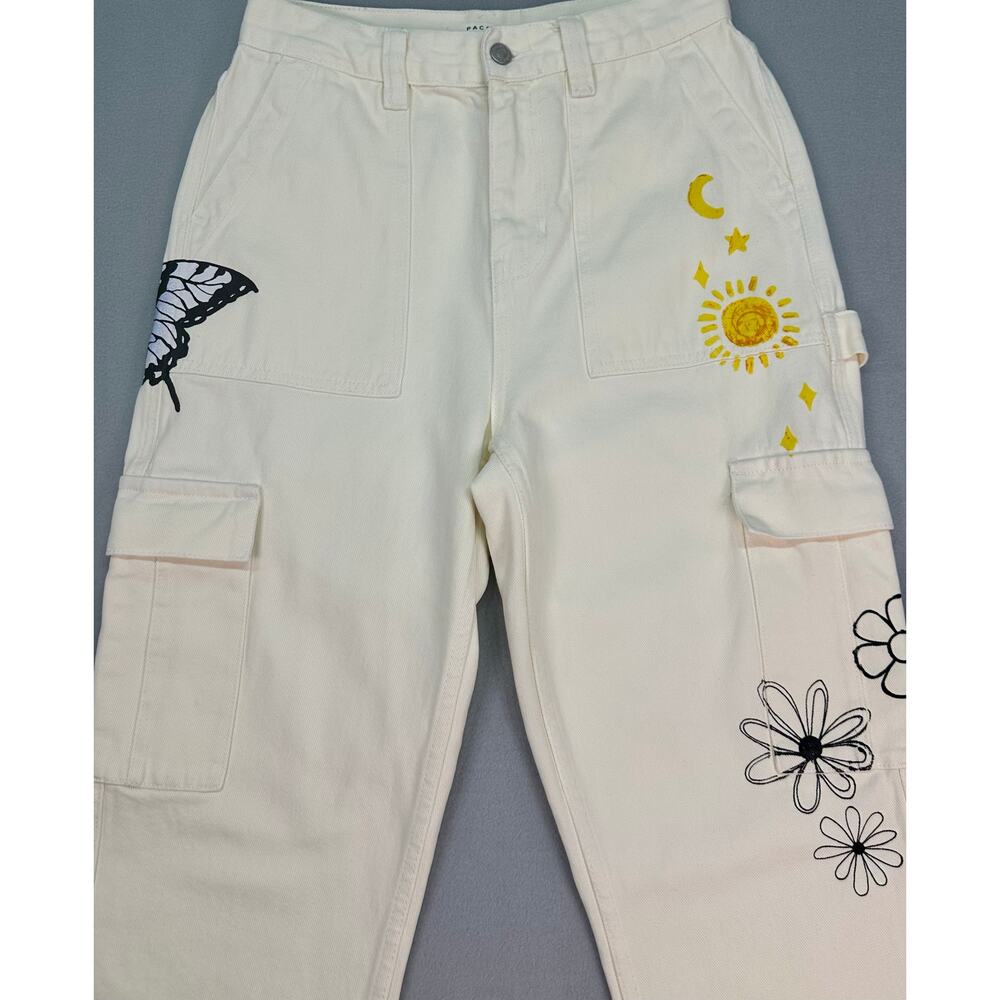 PacSun Sketchbook High Rise Carpenter Cargo Jeans Cream Doodle Size 27 - Picture 4 of 12